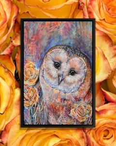 An owl in front of a watercolor background surrounded by flowers