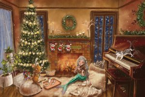 A mermaid playing a violin with a deer playing a flute near a fireplace in a room decorated for Christmas.