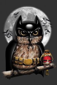 An owl with a batman mask next to a small owl with superhero cape in front of a full moon and bats