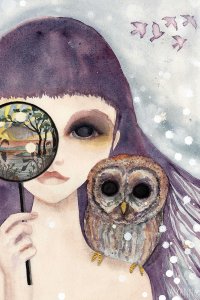 A girl holding a magnifying glass with a small owl on her shoulder