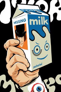 A hand holding a milk carton with Alex's face from The Clockwork Orange on the side as missing.