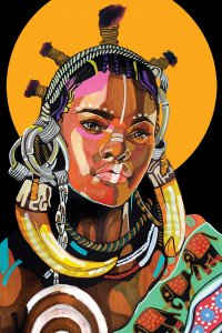 Colorful Rihanna portrait with headpiece and large earrings