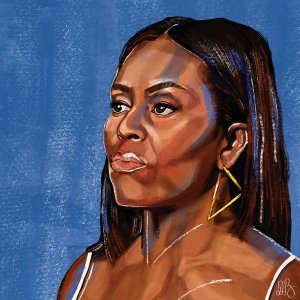 Portrait of Michelle Obama in front of blue background