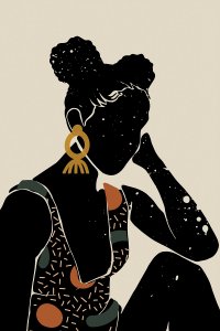 Silhouette of woman with decorative earrings and patterned dress