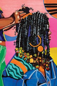 A woman with braids in front of colorful abstract background