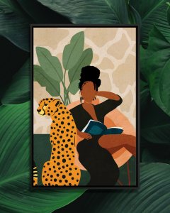 Faceless woman with cheetah in front of green plant