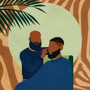 A faceless man shaving another faceless man's beard in barbershop