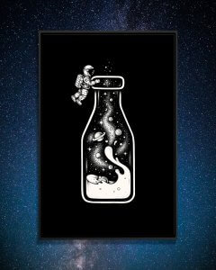 An astronaut floating near the rim of a milk bottle with the milky way swirling inside.