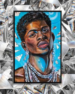Portrait of Lil Nas X with chain necklaces and diamonds in the background