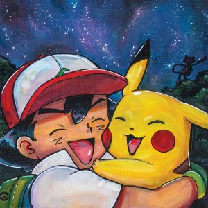 Ash Ketchum and Pikachu hugging in front of starry sky