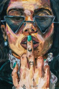 Close up portrait of Zoe Kravitz with middle finger up