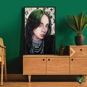 Portrait of Billie Eilish with green hair and chain necklaces