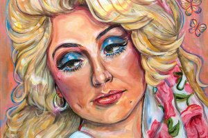 Portrait of Dolly Parton with pink butterfly background