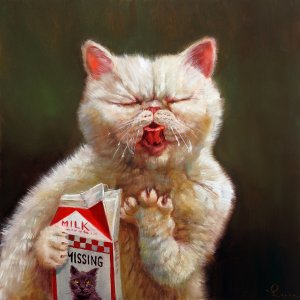 A white cat holding an open milk carton while making a sour face.
