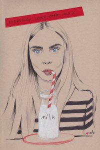 Illustration of Cara Delevingne drinking milk with a straw under the phrase "Everybody loves cara x" with cara replaced by milk.