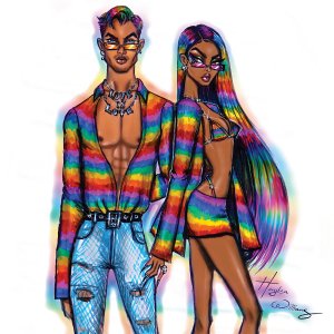 A stylish man and woman wearing rainbow outfits, hair colors, and a necklace that reads "love is love".
