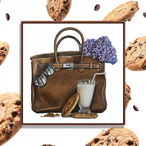 A brown Hermes Birkin purse with some chocolate cookies and a glass of milk.