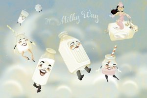 Various smiling glasses, bottles, and cartons of milk flying through the sky alongside the phrase "The Milky Way".