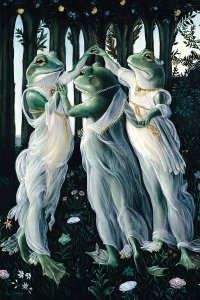 Three frogs wearing Grecian dresses dancing in forest