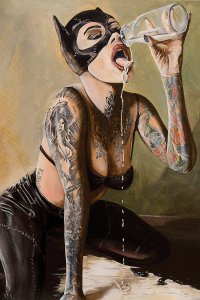 A tattooed and sultry woman wearing a cat woman mask while drinking milk from a glass bottle.