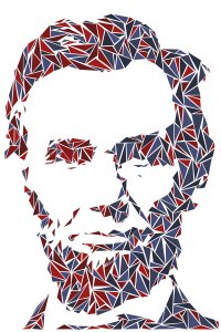 Portrait of Abraham Lincoln created from triangles in shades of red and blue against a white background.