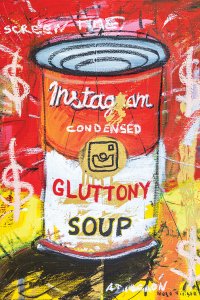 A can of Gluttony soup resembling Campbell's but instead called Instagram.