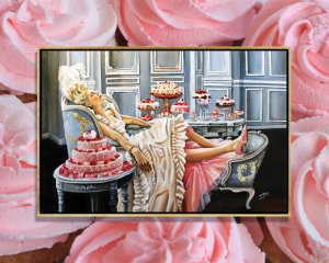 Marie Antoinette lounging in chair surrounded by pink cakes