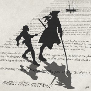 Characters from the story Treasure Island as silhouettes against a page from the book.