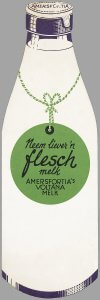 An illustration of a full milk bottle with a green tag that says "I'd rather have a bottle of milk" in Dutch.