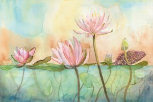 Pink lotus flowers growing out of the ground with watercolor background