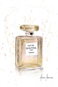 Perfume bottle with you're beautiful sentiment in front of splatter background