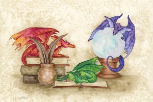 Three dragons with books and a crystal ball