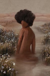 Bareback black woman standing in pond looking over her shoulder