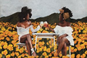Two black women with glasses of wine sitting in yellow flower field