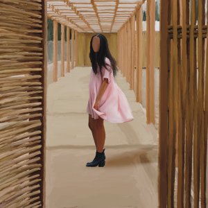 Black woman standing between bamboo poles with pink dress flowing in the wind