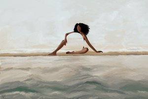 Black woman with transparent body sitting in front of the ocean