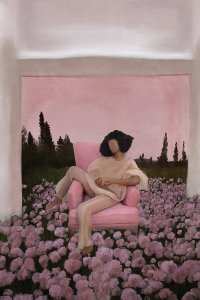 Black woman sitting on pink chair in a pink flower filed