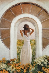 Black women standing in front of arch surrounded by flower field