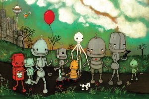 Group of robots on a walk with a red balloon