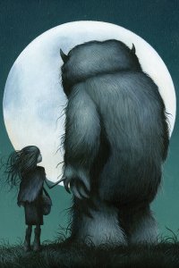 Little girl holding fuzzy giant's hand facing the moon