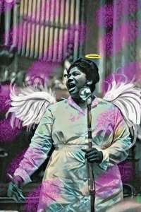 Black woman singing into microphone with angle wings and halo