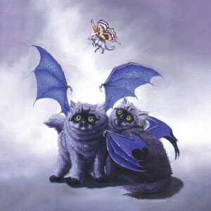 Two cats with bat wings sitting under mouse with butterfly wings