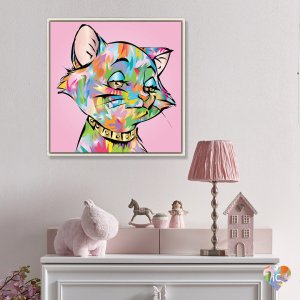 Rainbow colored cat with gold collar and pink background
