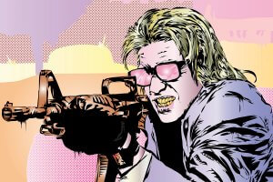 Long haired blonde man with sunglasses holding machine gun