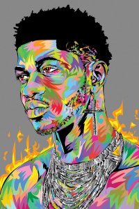Rainbow colored Lil Nas X with cross earring and chains