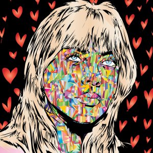 Rainbow colored Billie Eilish with blonde hair and hearts background