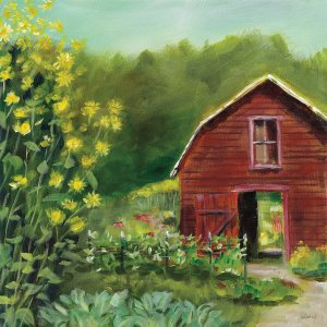 Red barn surrounded by greenery and yellow flowers