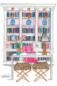 Pink office with shelves of books, desk, and pink chair