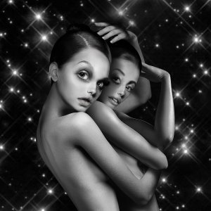 Twin nude females hugging with stars background
