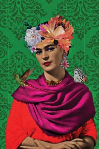 Frida Kahlo with flower headpiece, hummingbird, and butterfly